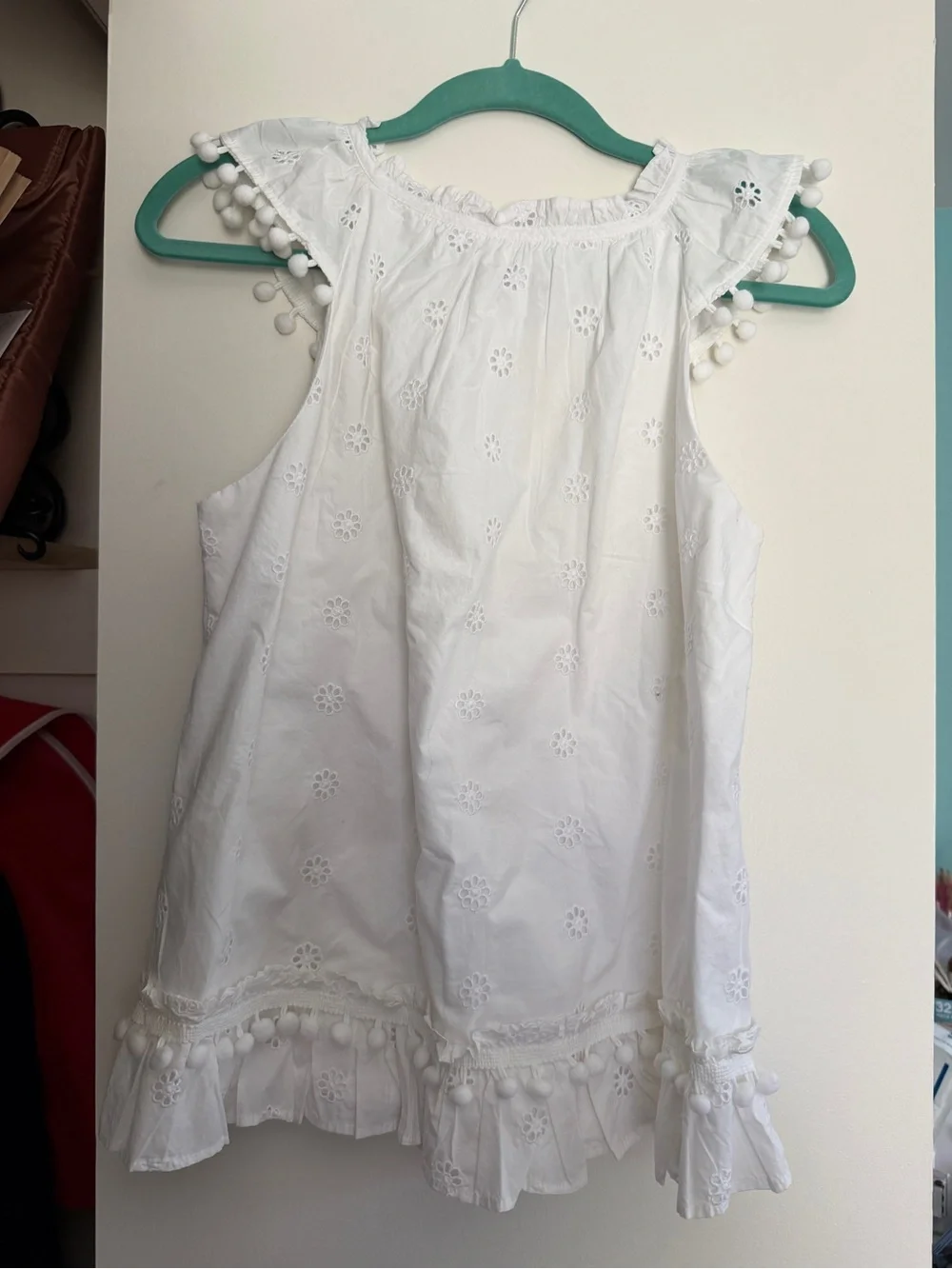 J. Crew White Eyelet Pom-Pom Trim Sleeveless Blouse